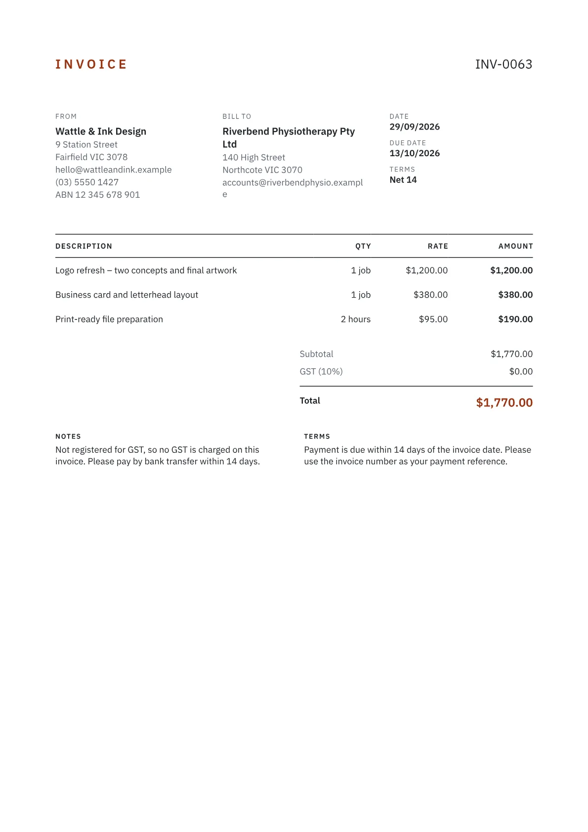 Sample Australian invoice from a Victorian sole trader who is not registered for GST, showing an ABN, three design services and 14-day terms