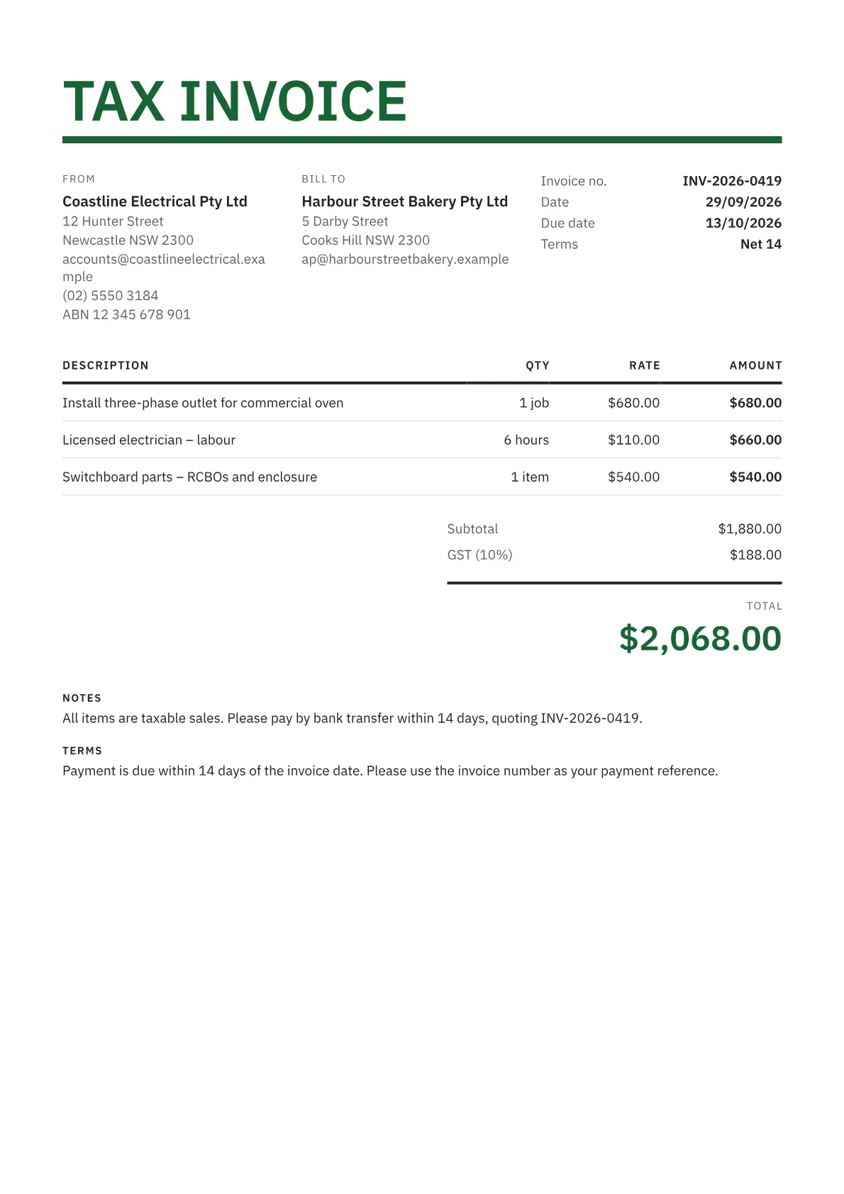 Sample Australian tax invoice from a Newcastle electrician showing the ABN, buyer details, GST at 10% on each line and a total over $1,000