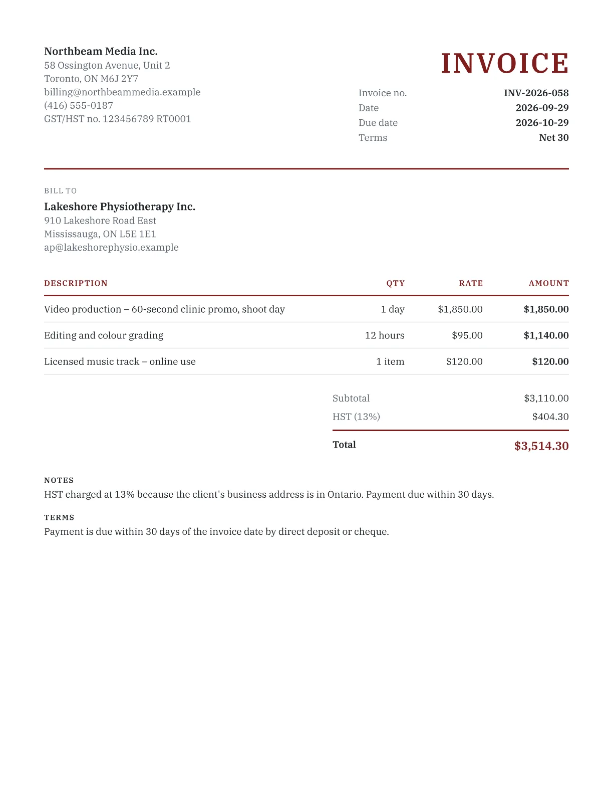 Sample GST/HST invoice from a Toronto video producer to an Ontario client, showing the GST/HST number and 13% HST on each line