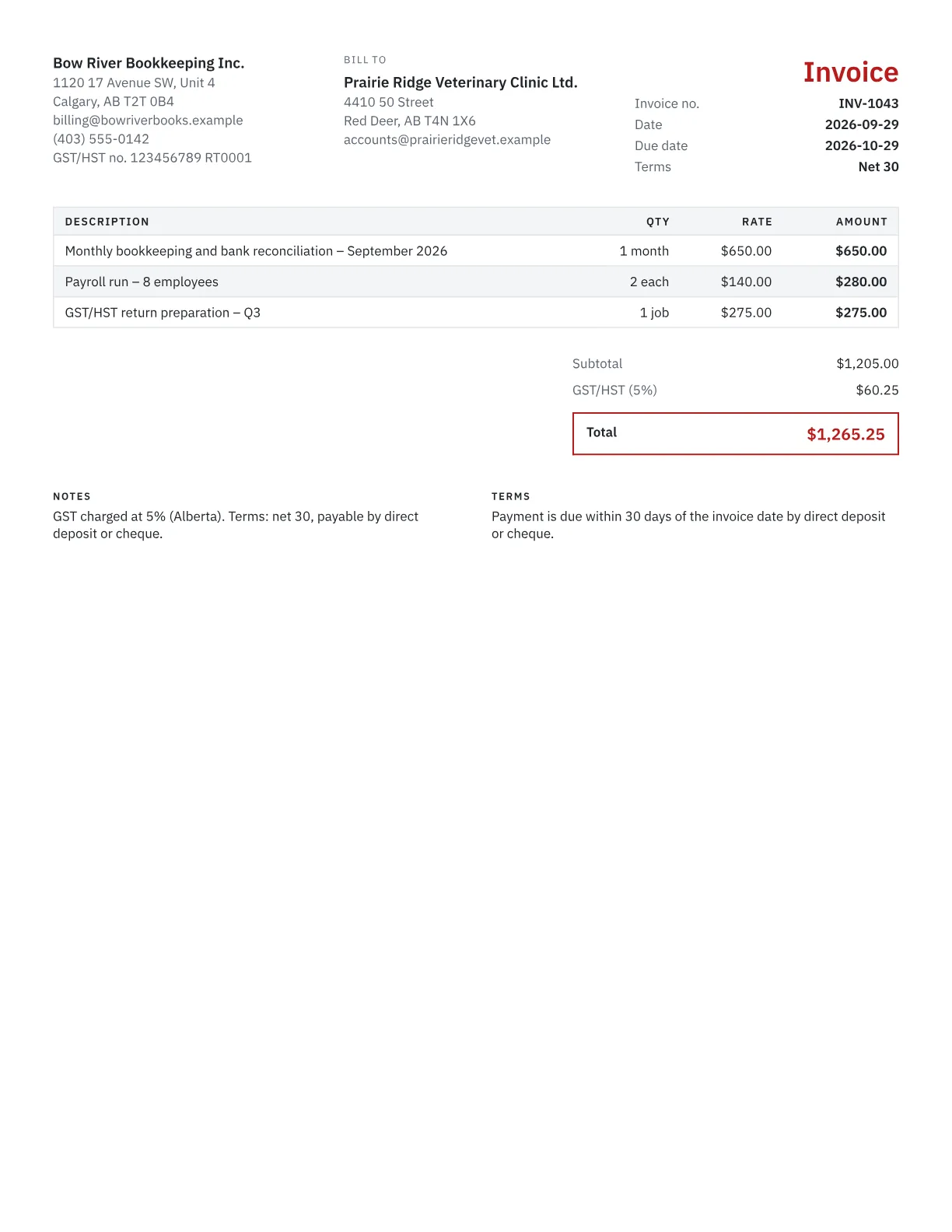 Sample Canadian invoice from a Calgary bookkeeper showing the GST/HST number, the client's name, a description of each service, 5% GST and net 30 terms