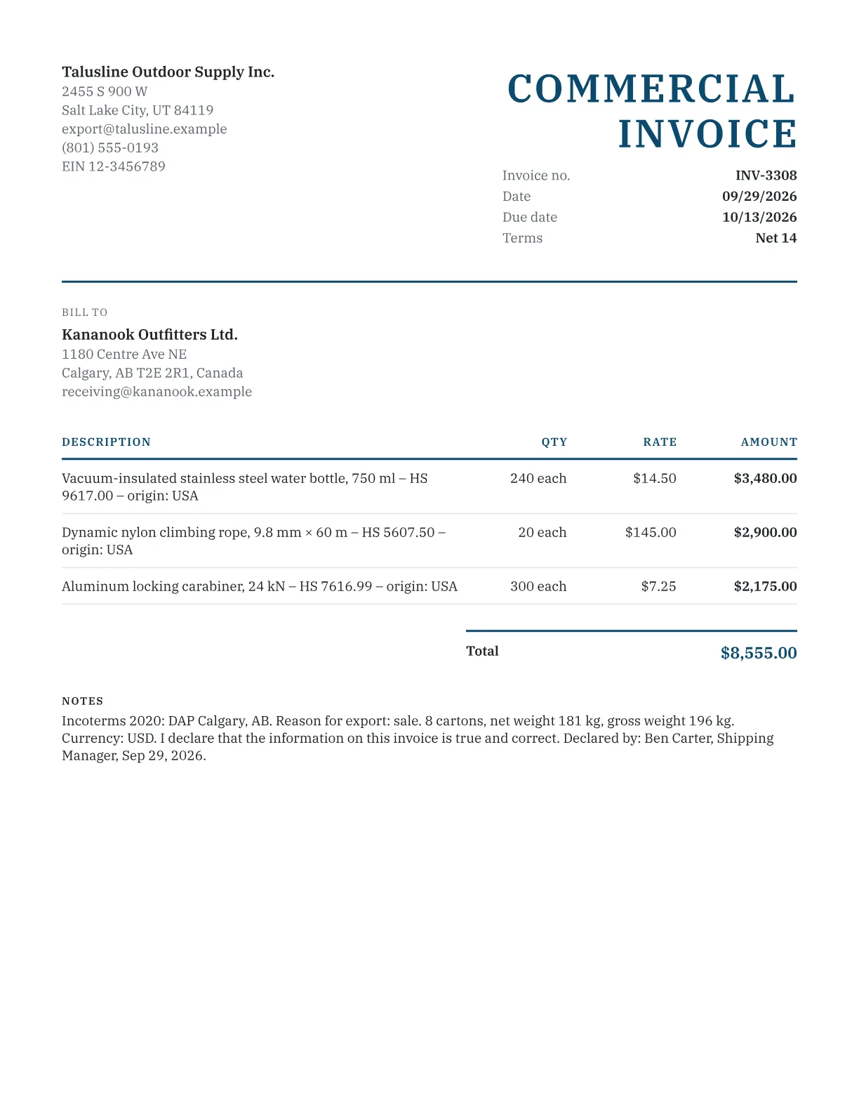 Sample commercial invoice for a US export to Canada with an HS code and country of origin on each line, DAP Incoterms and package weights