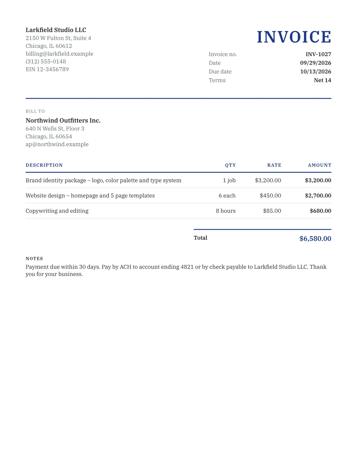 Sample invoice from a design studio listing a brand identity package, six website page designs and eight hours of copywriting