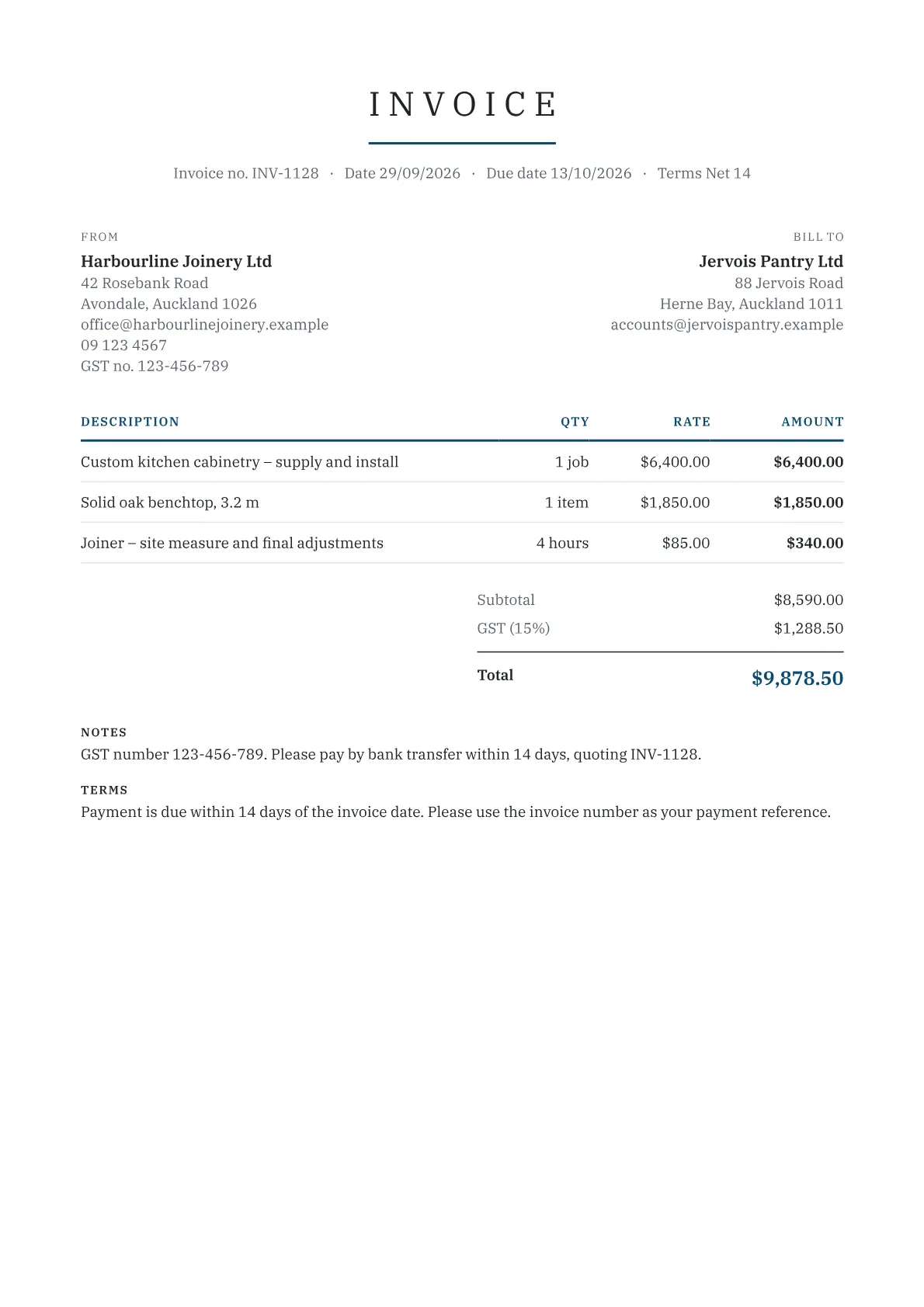 Sample New Zealand invoice from an Auckland joinery business showing its GST number, the buyer's name and address, and GST at 15% on a job over $1,000