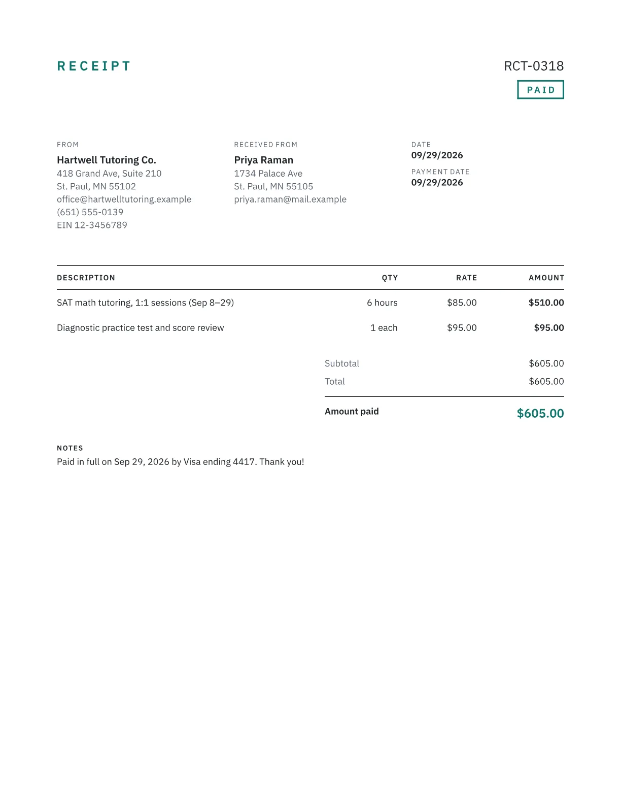Sample receipt from a tutoring company showing six hours of SAT math sessions and a practice test review, paid in full by card