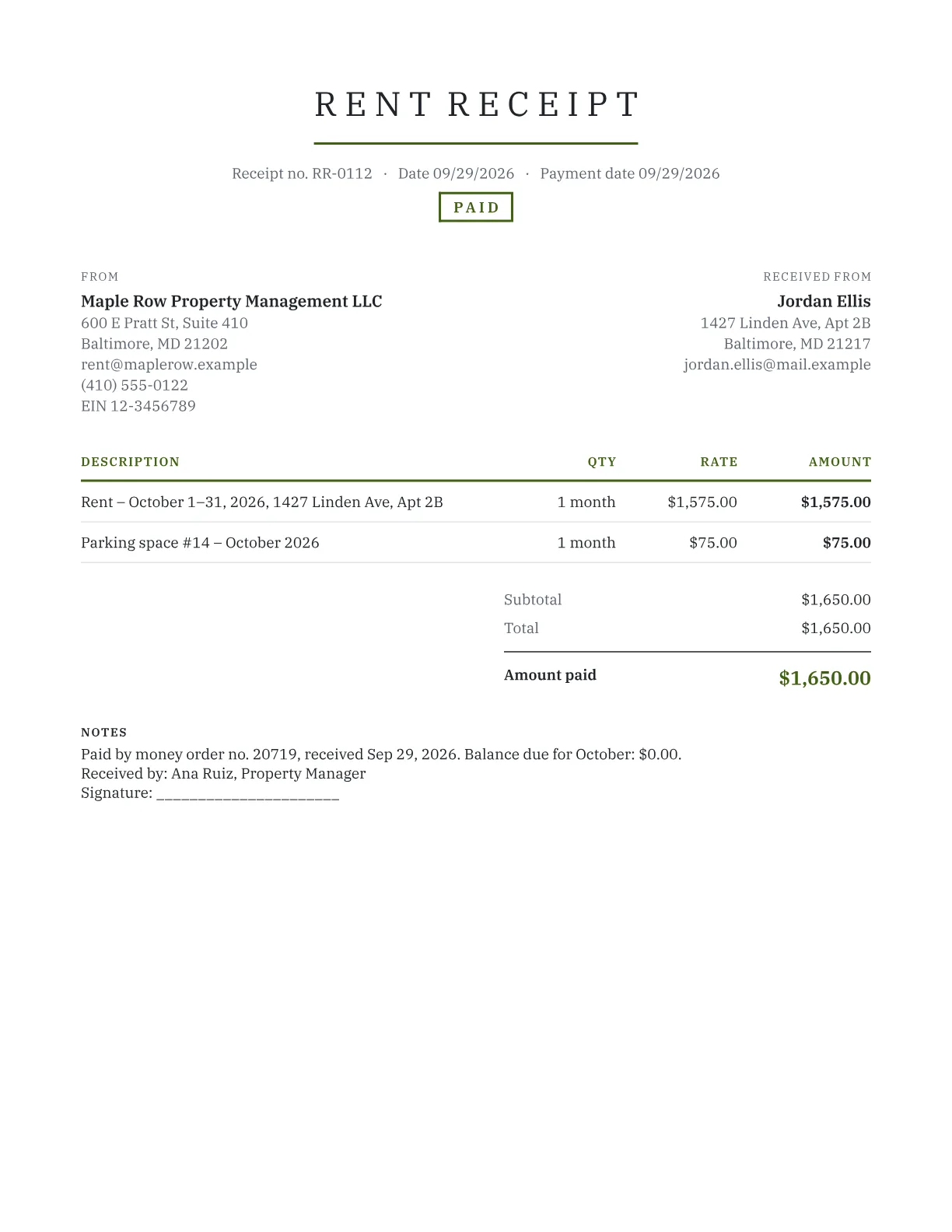 Sample rent receipt for an apartment showing October rent and a parking space paid by money order, with a signature line for the property manager