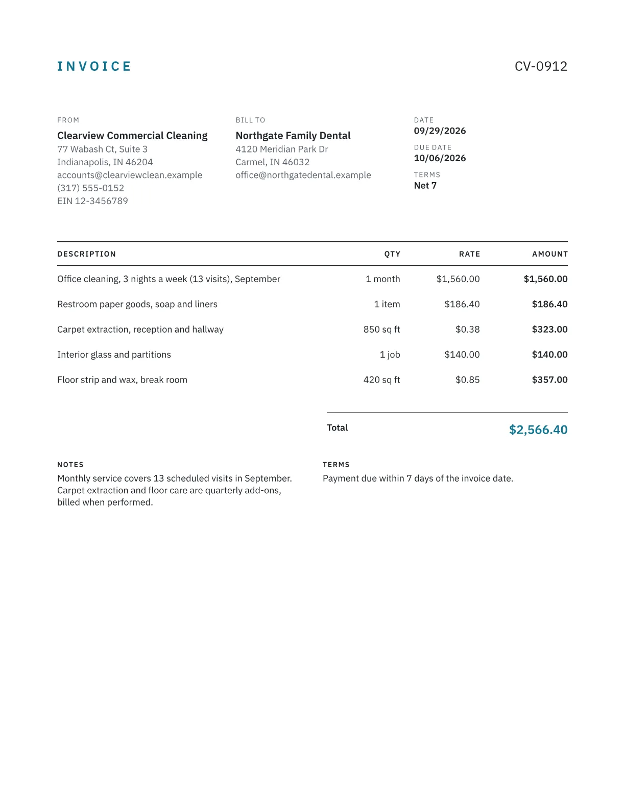 Sample cleaning invoice for monthly office service with restroom supplies, carpet extraction and floor care