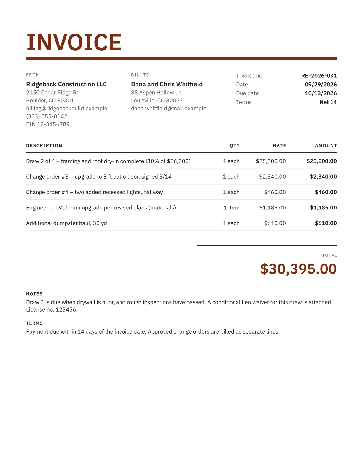 Sample contractor invoice with a progress draw, two signed change orders, a beam upgrade and a dumpster haul