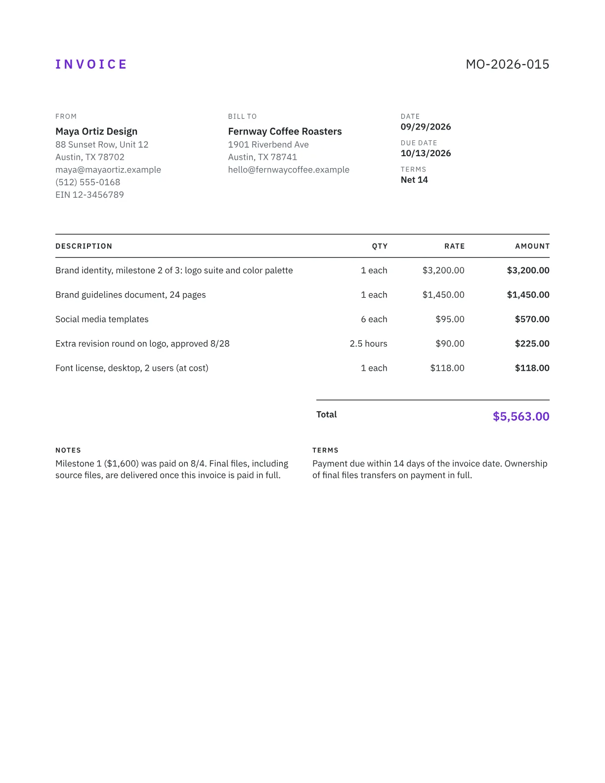 Sample freelance design invoice with a milestone payment, brand guidelines, templates, extra revisions and a font license