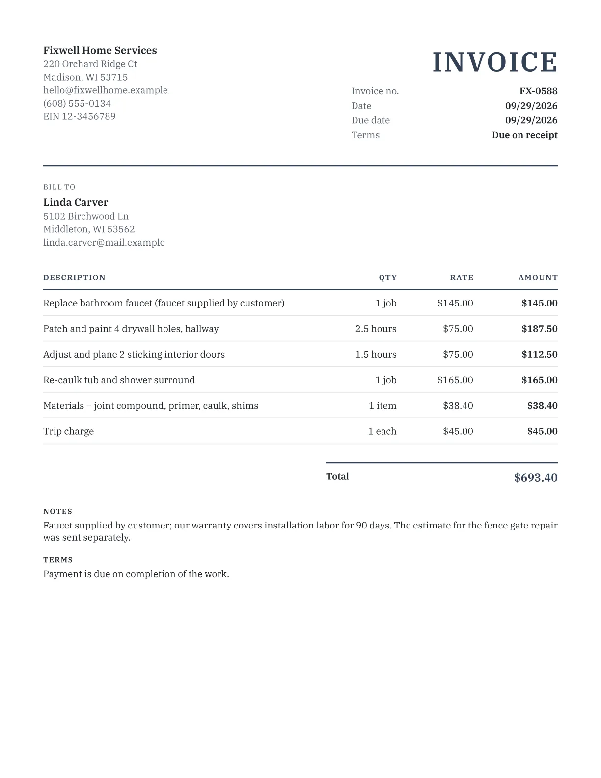 Sample handyman invoice listing flat-rate and hourly repair tasks, materials and a trip charge