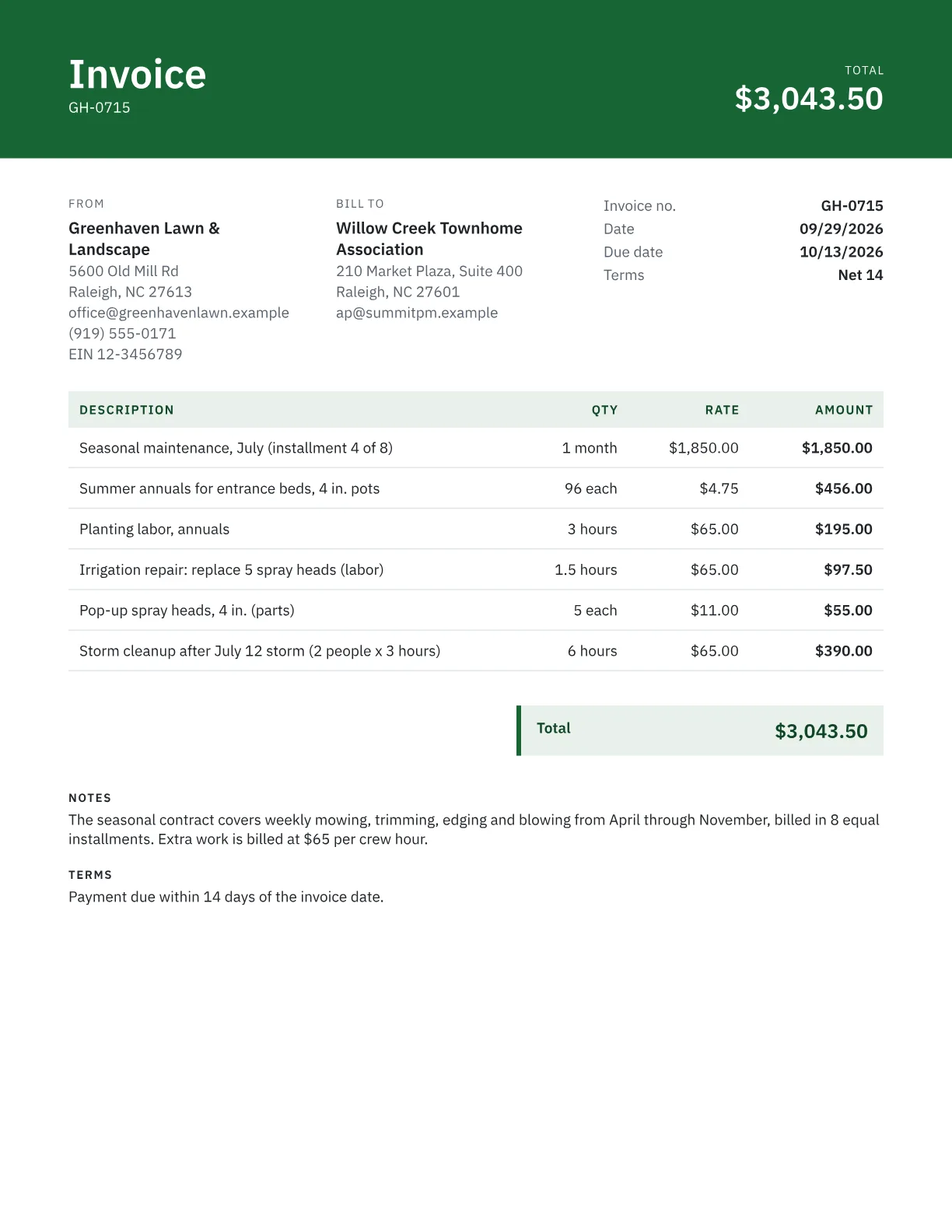 Sample landscaping invoice with a seasonal contract installment, annual flowers, irrigation repair and storm cleanup