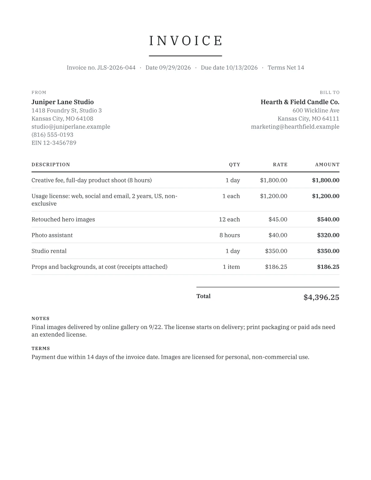 Sample photography invoice with a creative fee, usage license, retouched images, an assistant and studio rental