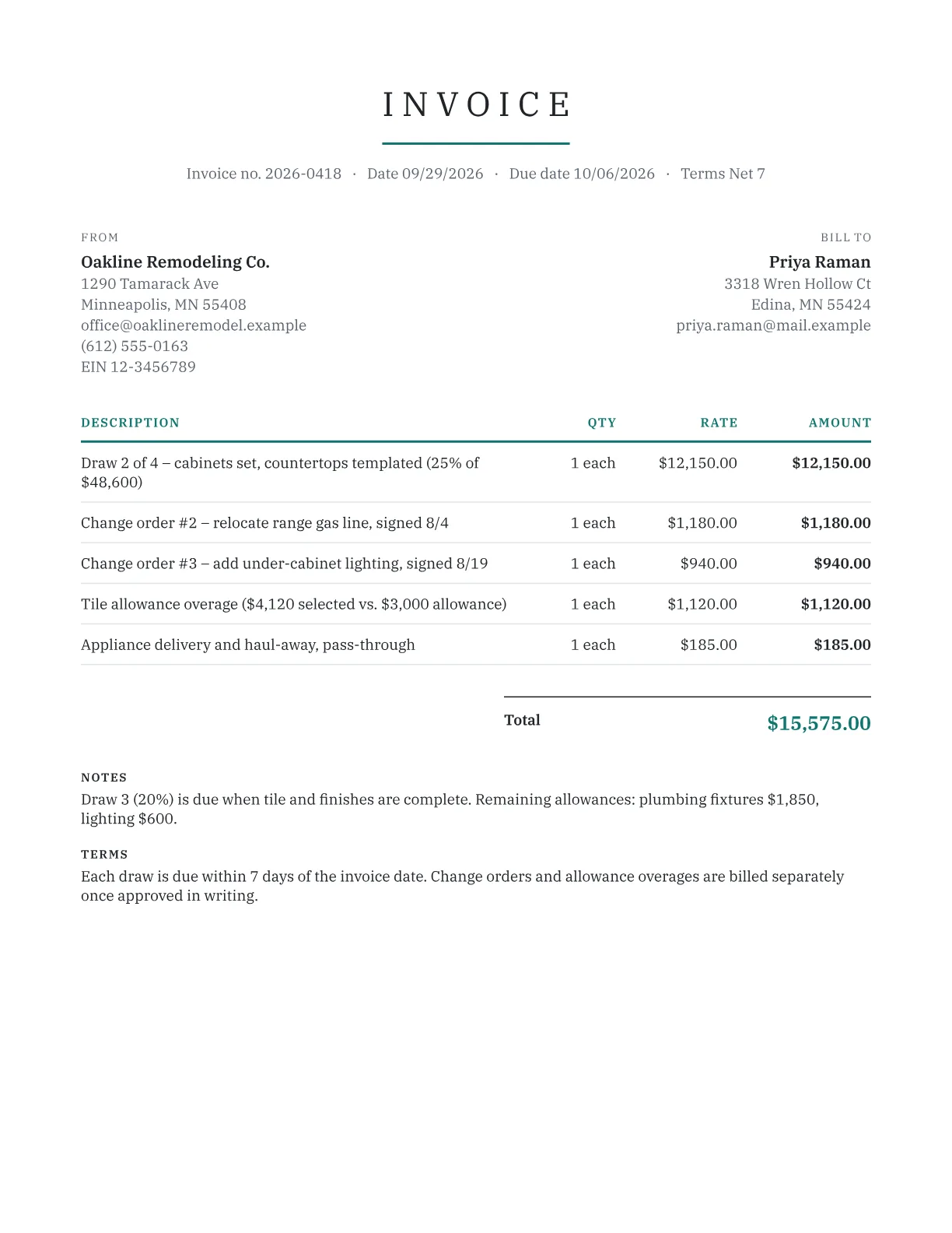 Sample remodeling invoice with a milestone draw, two change orders, a tile allowance overage and a pass-through fee