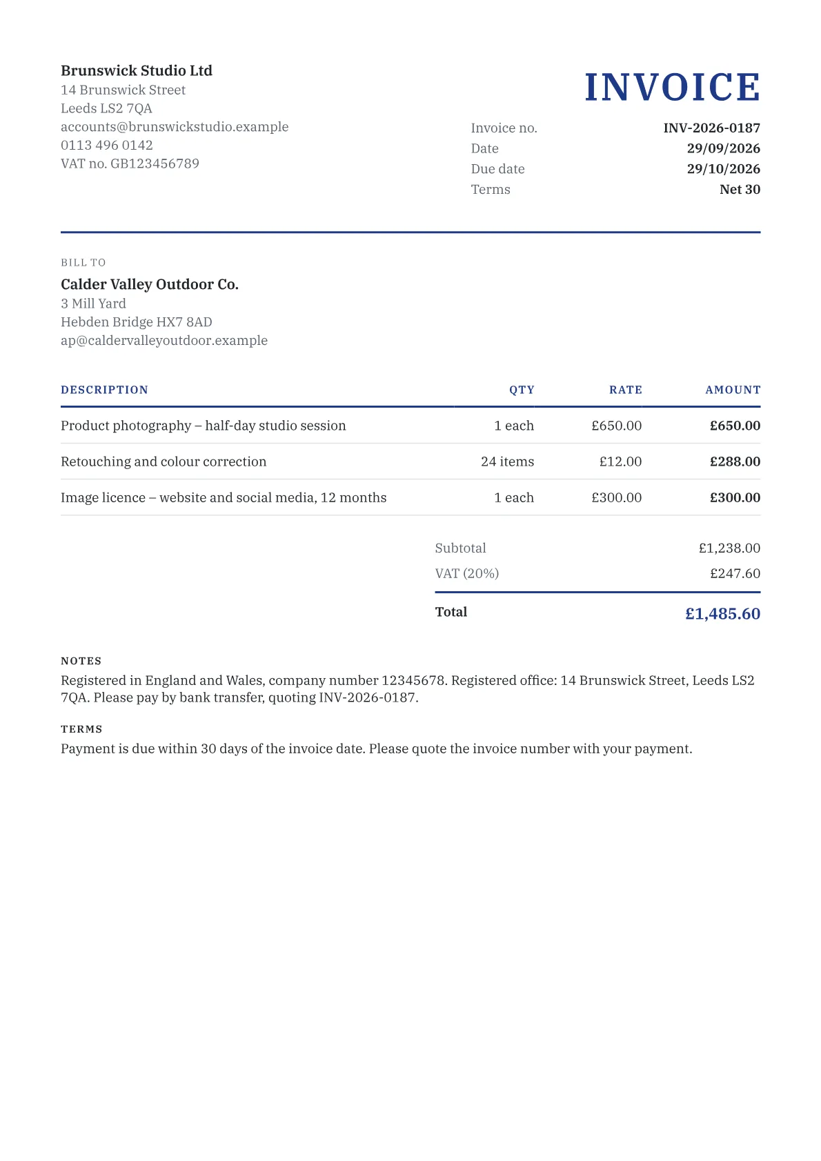 Sample UK invoice from a Leeds photography studio showing VAT at 20%, company registration details and 30-day payment terms