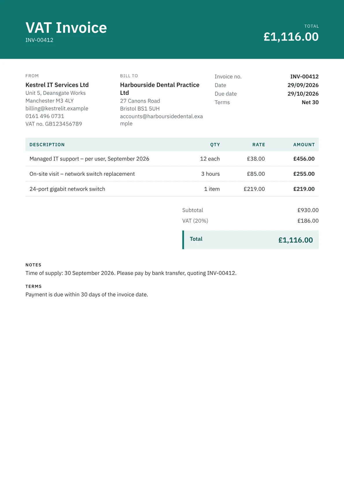 Sample UK VAT invoice from a Manchester IT company showing the VAT number, time of supply, 20% VAT on each line and the VAT total