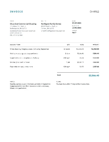 Sample cleaning invoice for monthly office service with restroom supplies, carpet extraction and floor care