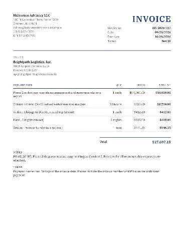Sample consulting invoice with a project milestone, change request hours and travel expenses billed at cost