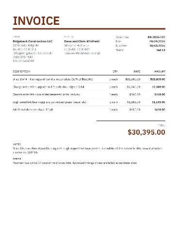 Sample contractor invoice with a progress draw, two signed change orders, a beam upgrade and a dumpster haul