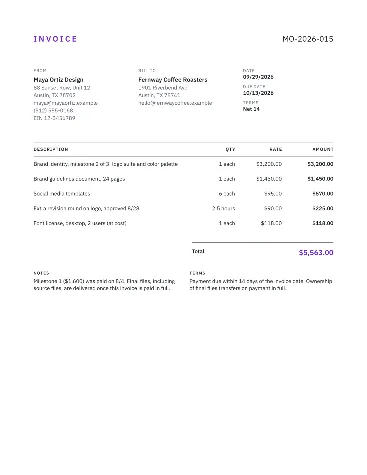 Sample freelance design invoice with a milestone payment, brand guidelines, templates, extra revisions and a font license