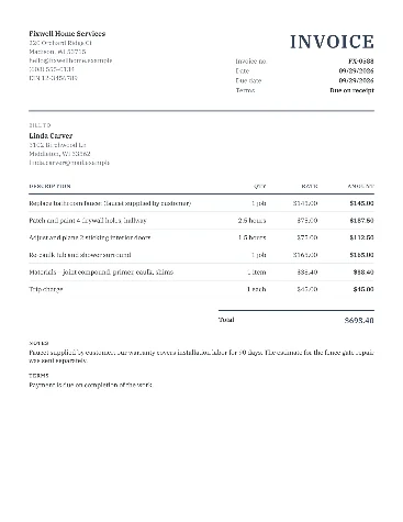 Sample handyman invoice listing flat-rate and hourly repair tasks, materials and a trip charge