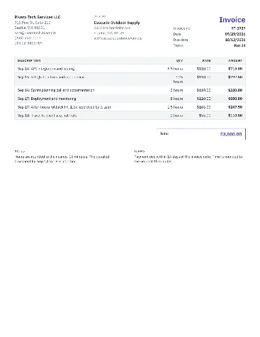 Sample hourly invoice with day-by-day hours, an approved after-hours line at 1.5x and travel time at half rate