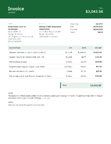 Sample landscaping invoice with a seasonal contract installment, annual flowers, irrigation repair and storm cleanup