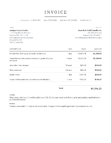 Sample photography invoice with a creative fee, usage license, retouched images, an assistant and studio rental