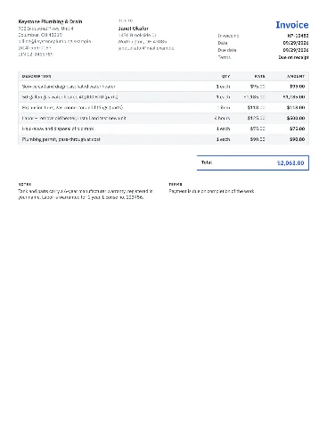 Sample plumbing invoice for a water heater replacement with a service call, parts, labor, disposal and a permit fee