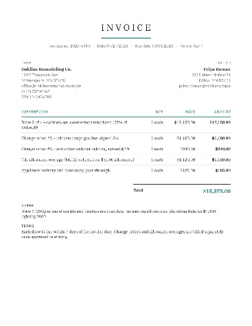 Sample remodeling invoice with a milestone draw, two change orders, a tile allowance overage and a pass-through fee
